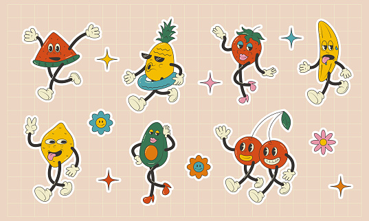 Cartoon characters fruits in groovy style.Set of retro stickers.Vector stock illustration.