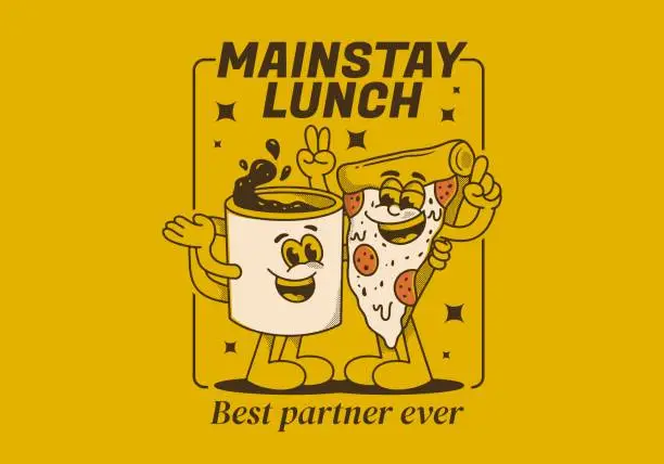 Vector illustration of Mainstay lunch, best partner ever. Mascot character of a coffee mug and a slice pizza