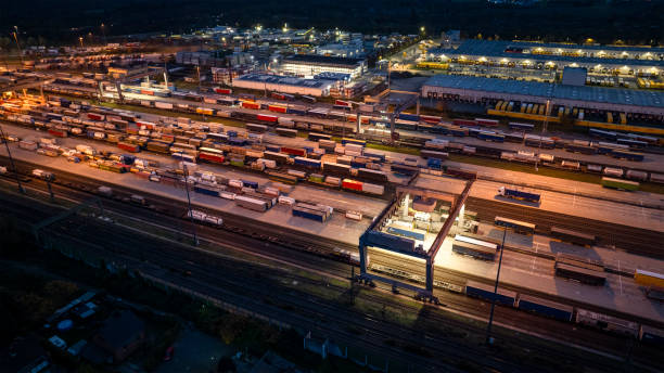 istock Railyard, freight yard and freight trains - aerial view 1837919638