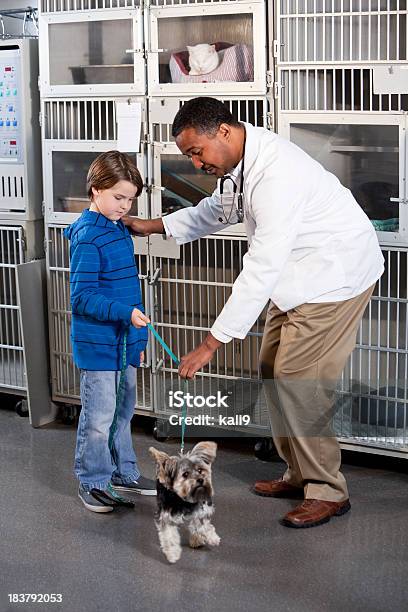 Niño Y Veterinario Con Perro En Clínica De Animales Foto de stock y más banco de imágenes de Centro de acogida para animales