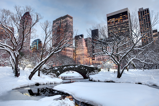 Snow covered Central Park in New York City. Photo taken at dusk of the Gapstow Bridge and surrounding cityscape rising from the parks trees after a blizzard. 