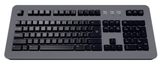 This is a high-quality 3D render of a UK PC computer keyboard. The letter keys are left blank, leaving copy space for you to add your own message. The reflection on the letter key area draws attention to that area. The image is isolated on a white background and has copy space on the keys. Similar 3D render but with letter keys complete with letters: .