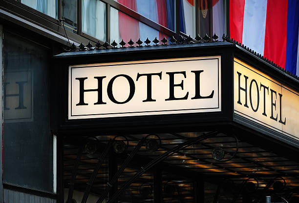 istock Hotel sign over building entrance 183793626