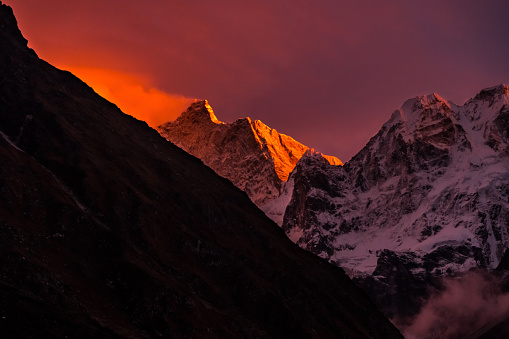 Sunset of Mount kumbhakarna ( Jannu Base Camp ) in the himalayas of Nepal seen from Khambachen, Taplejung