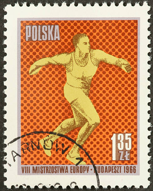 istock male discus thrower on an old Polish postage stamp 183795078