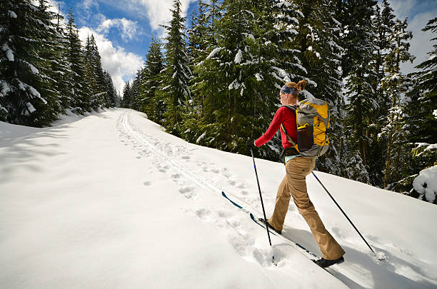 Woman cross-country skiing stock photo