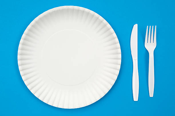 istock Paper plate and plastic utensils on blue background 183795817