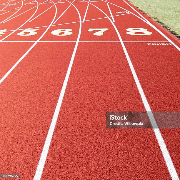 Finish Line On Synthetic Red Running Racing Track Stock Photo - Download Image Now - Artificial, Color Image, Competition