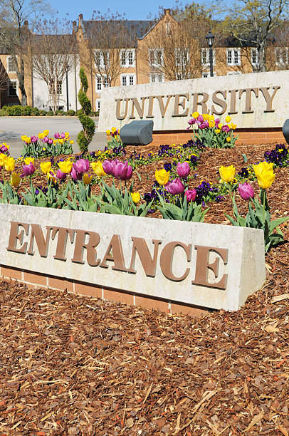istock University and entrance sign on campus 183796452