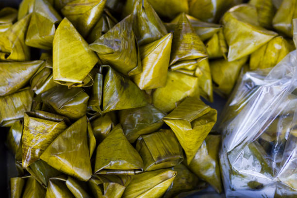 Thai stucky rice with beans in leaves