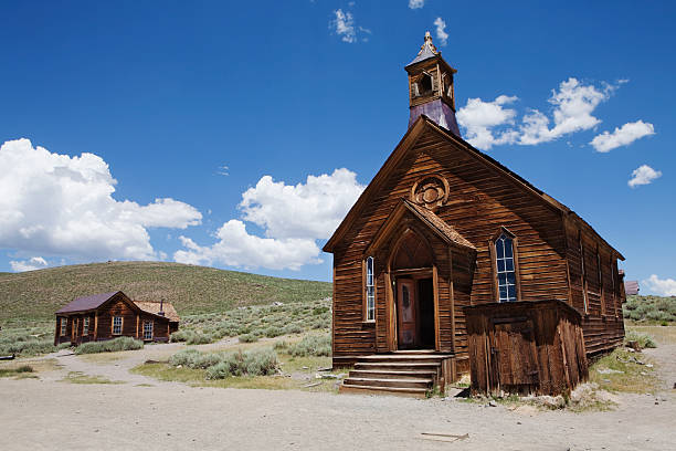 Chapel "Old abandoned church in the ghost town of Bodie,California." ghost town stock pictures, royalty-free photos & images