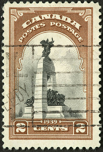 istock war memorial monument on an old Canadian stamp 183796988