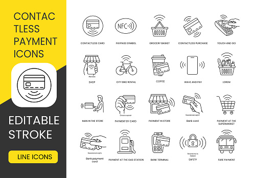 Contactless payment line icon set vector editable stroke, Contactless Purchase and PayPass Symbol, Touch and Go, Basket and Contactless Card, Wave and Pay, City Bike Rental and Payment for Products