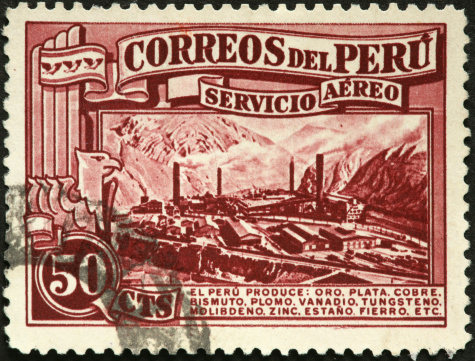 Peruvian mining industry on an old postage stamp