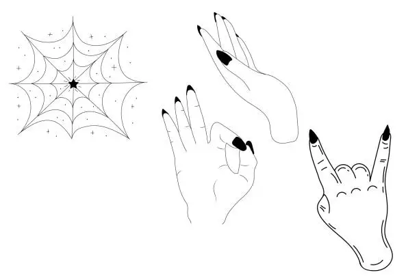 Vector illustration of Occultism, magic, mythology, mysticism Hand web hand of rock