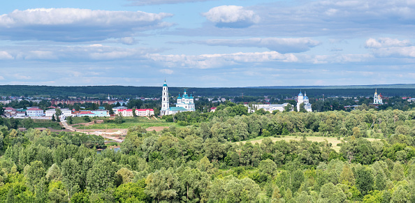 View of historical downtown of town Yelabuga, Russia. Summer city and nature landscape. Panorama