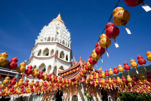 kek lok si chinese paper lanterns with new year greeting during the chinese new year holidays in penang island malaysia