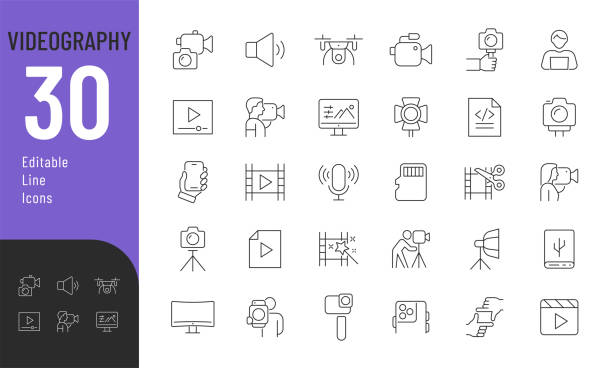 Videography Line Editable Icons set. Vector illustration in thin line modern style of movie related icons: gadgets for video shooting and playback, video formats, web camera and more. film crew icon stock illustrations