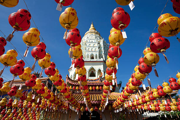 kek lok si chinese paper lanterns with new year greeting during the chinese new year holidays in penang island malaysia