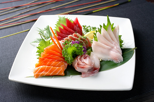 Japanese food, sushi, and sashimi assortment.