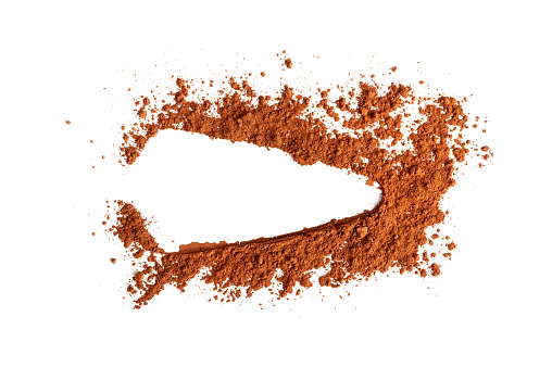 Cocoa Powder Isolated, Scattered Cacao Dust, Dry Ground Cocoa Beans Flat Lay, Cocao Powder Pile for Homemade Chocolate, Cake Word on White Background Top View