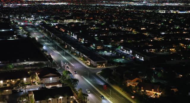 Forward Flying Drone Shot of Henderson City on a Fall Night in Nevada