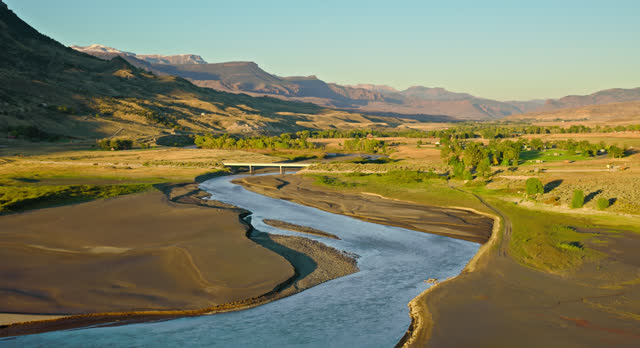 Forward Ascending Aerial of Shoshone River Stream near Cody, Wyoming on Clear Day