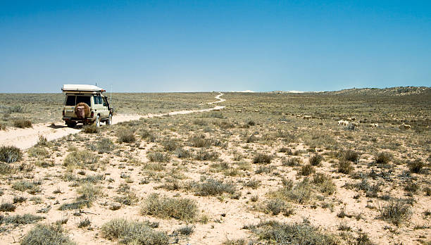 Ningaloo Station A 4WD vehicle crossing the desolate expanse of Ningaloo Station.  Ningaloo Station lies between Cape Range National Park and the seaside resort of Coral Bay along the Coral Coast in central Western Australia. exmouth western australia stock pictures, royalty-free photos & images
