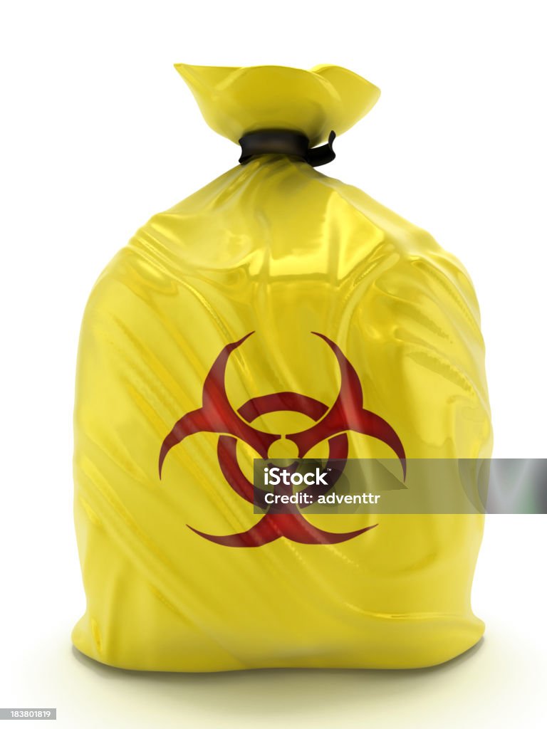 Biohazard bag Yellow biohazard bag isolated on white. Clipping path included. Bag Stock Photo