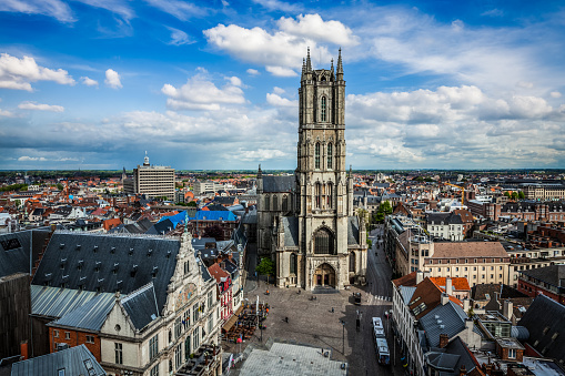 Saint Bavo Cathedral (Sint-Baafskathedraal) and Sint-Baafsplein, aerial view from Belfry. Ghent, Belgium