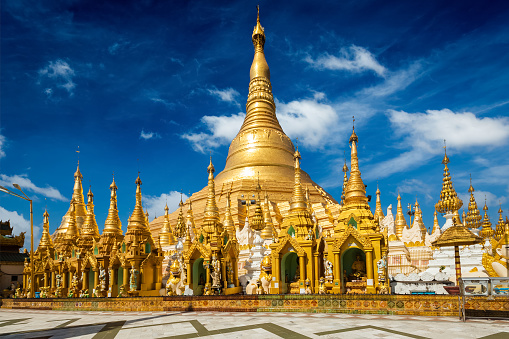 Myanmer famous sacred place and tourist attraction landmark - Shwedagon Paya pagoda. Yangon, Myanmar