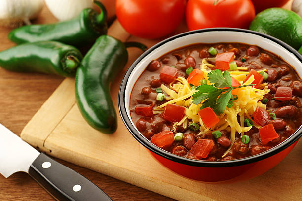 Bowl of colorful and fresh chili surrounded by various ingredients.