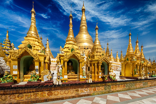 Myanmer famous sacred place and tourist attraction landmark - Shwedagon Paya pagoda. Yangon, Myanmar