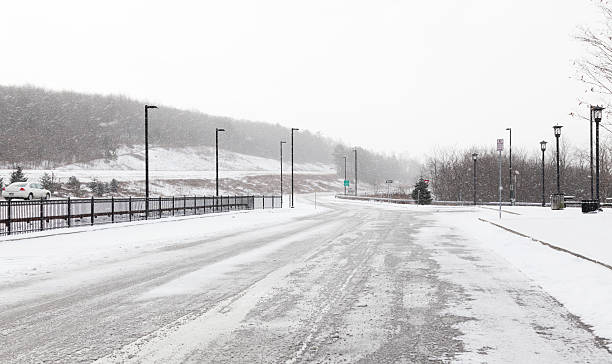 Sloppy Slushy Winter Blizzard Highway Rest Stop stock photo
