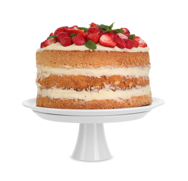 istock Tasty cake with fresh strawberries and mint isolated on white 1838042304