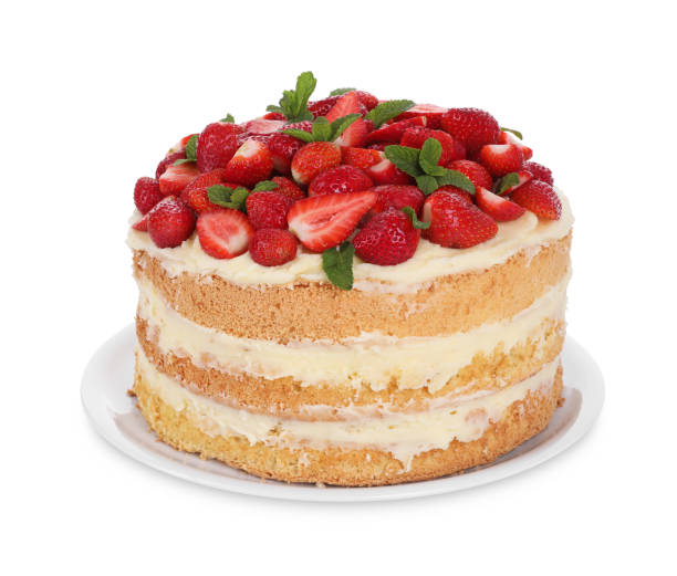 istock Tasty cake with fresh strawberries and mint isolated on white 1838042867