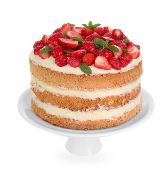 istock Tasty cake with fresh strawberries and mint isolated on white 1838043380