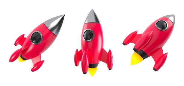 istock Set of cartoon red rocket launching isolated. Successful business startup concept. 3d rendering. 1838049973