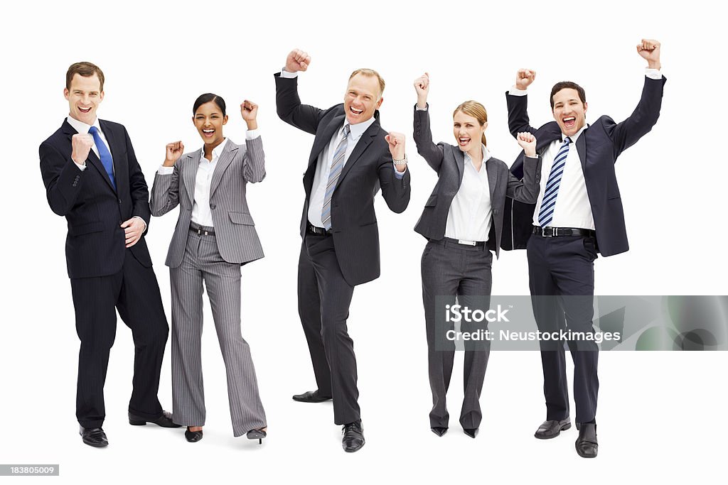 Uomini d'affari sorridente con braccia alzate-isolato - Foto stock royalty-free di Abbigliamento elegante