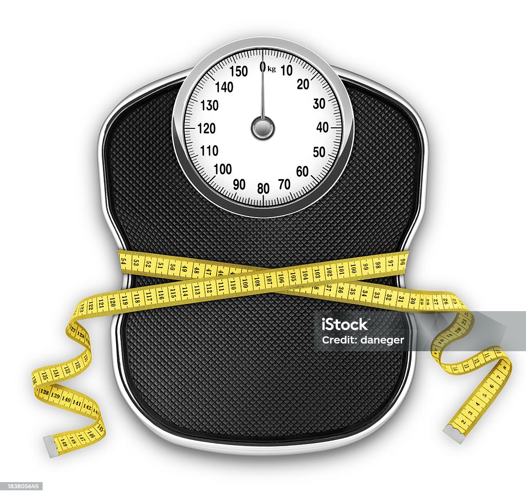 Slimming Scale (kg) (with Clipping Path) Diet concept. Scale slimmed by a measuring tape. Clipping path without shadow. Tape Measure Stock Photo