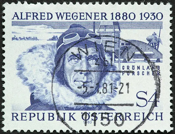 "Alfred Wegener, German geophysicist on an Austrian stamp"