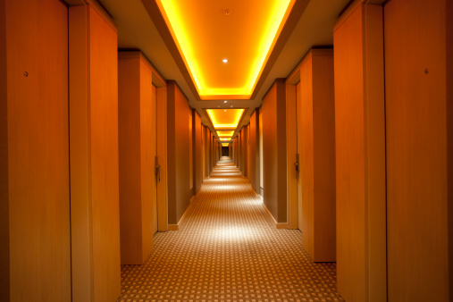 long bricks corridor with wooden doors, perspective. 3D render