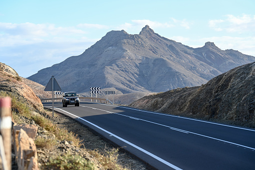 Pájara, Fuerteventura, Spain, November 24, 2023 - Winding road near between Pájara and La Pared, Fuerteventura, Canary Islands, Spain.