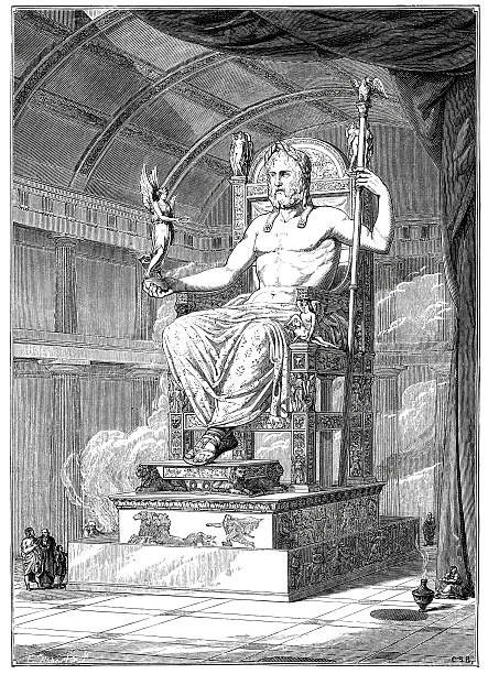 Statue of Zeus at Olympia "Vintage engraving from 1879 of the Statue of Zeus at Olympia. The Statue of Zeus at Olympia was made by the Greek sculptor Phidias, circa 432 BC in the Temple of Zeus, Olympia, Greece. It was one of the Seven Wonders of the Ancient World." zeus stock illustrations
