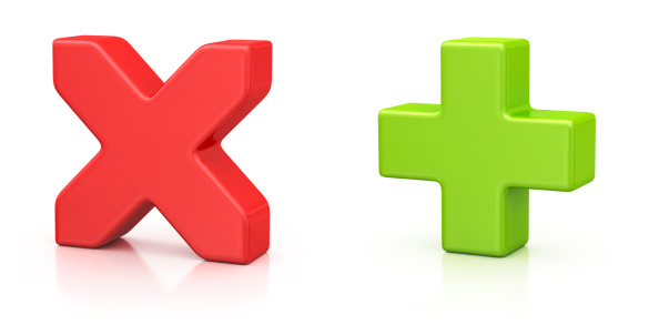 isolated green plus sign and red cross sign.3d render.