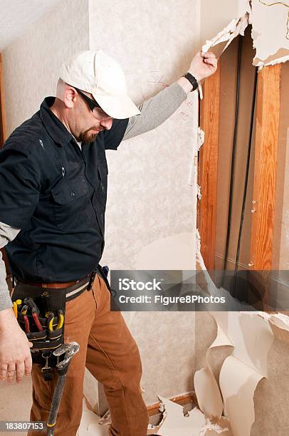 Bathroom Guy Remodeling Stock Photo - Download Image Now - Construction Industry, Demolishing, Drywall