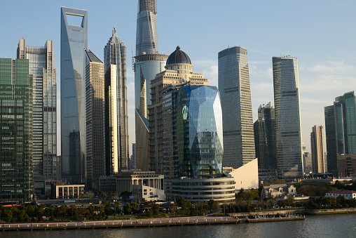 The dynamic Shanghai skyline with its iconic skyscrapers overlooking the waterfront