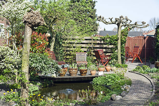 istock Garden with flowers, water and trees 183808680