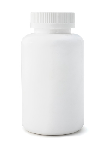 Isolated blank medicine bottle on a white background.