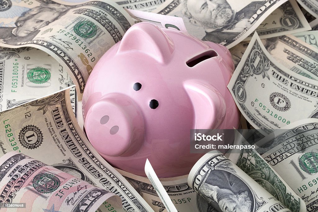 Sparschwein mit Dollar-Banknoten - Lizenzfrei Sparschwein Stock-Foto
